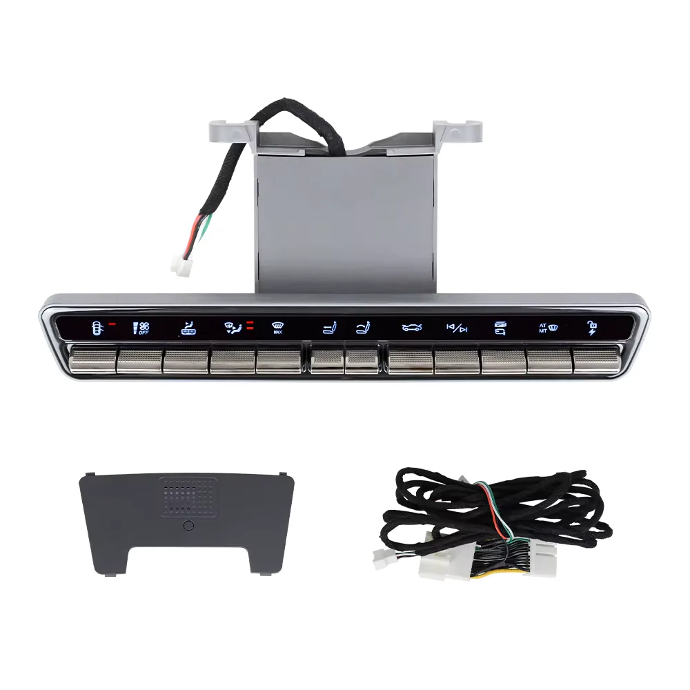 The button bar on white with its mounting bracket, a cover plate and the wiring harness laid out below it
