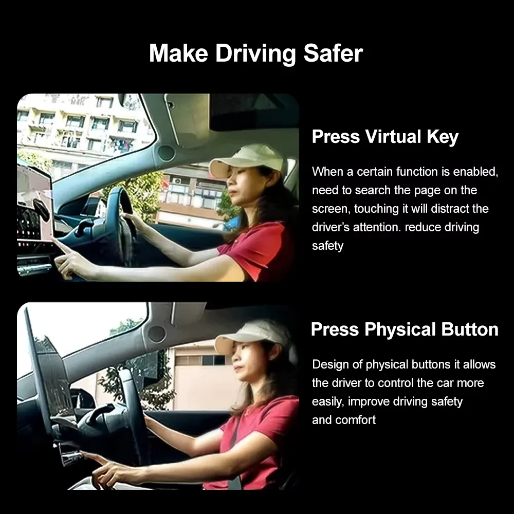 Two photographs of a driver at the wheel, one reaching for the touchscreen and one reaching for the button bar
