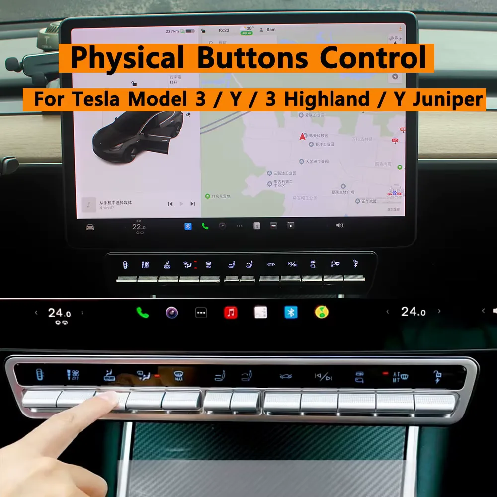 Two interior views of the fitted button bar, one with a hand pressing a switch