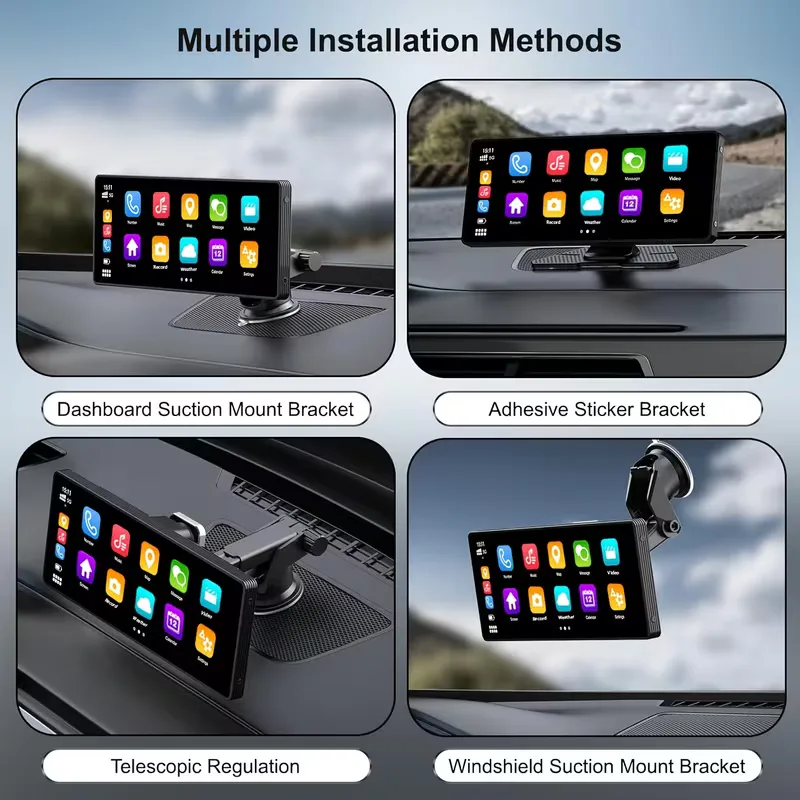 Four photographs of the unit mounted four ways — on a dashboard suction mount, an adhesive bracket, a telescopic arm and a windshield suction mount