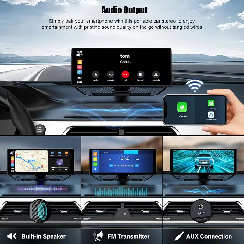The unit on a dashboard showing a call screen, above three smaller frames of navigation, an FM radio screen and a video screen