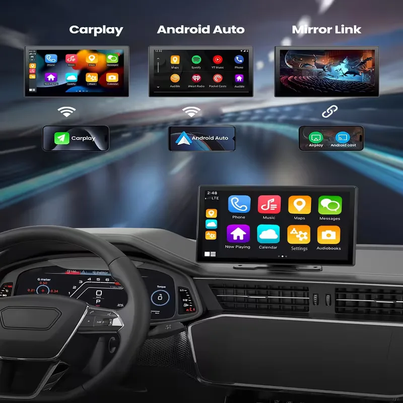 Three screens labeled Carplay, Android Auto and Mirror Link above the unit mounted on a dashboard with a digital instrument cluster behind the wheel