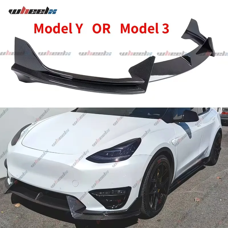 The assembled lip in a woven carbon pattern on white, above a white Tesla Model Y from the front three-quarter with the carbon-pattern lip fitted