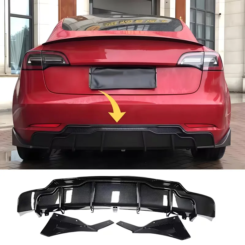 A red Tesla Model 3 from behind with the diffuser fitted, above the three pieces laid out on white — the main fluted panel and two angled corner extensions
