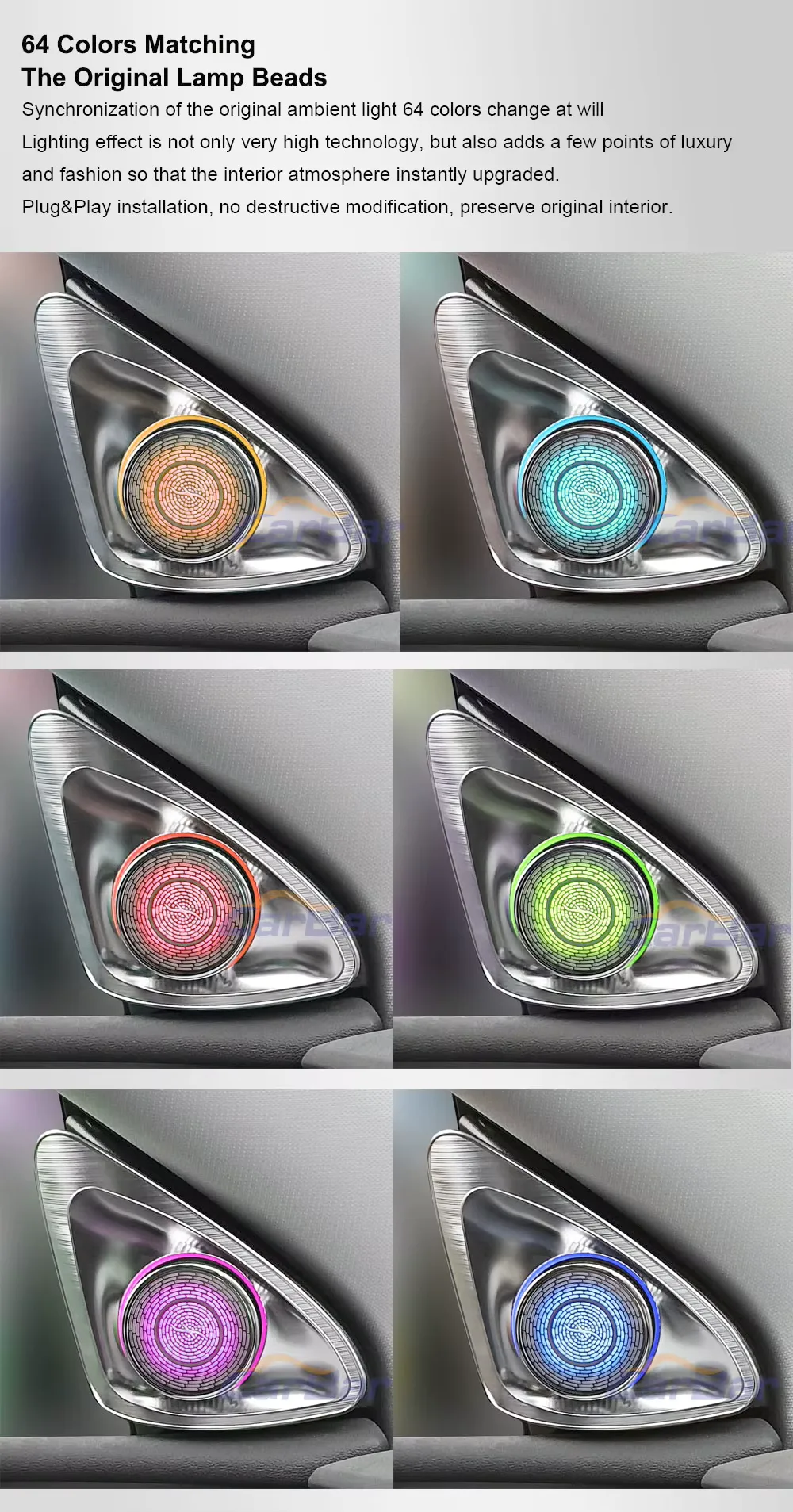 Six photographs of one fitted tweeter lit in orange, blue, red, green, pink and deep blue