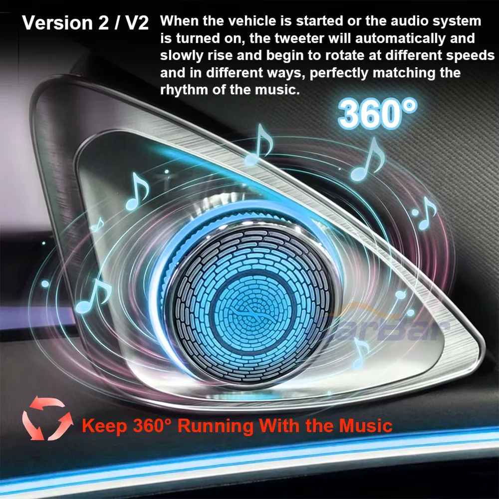 One fitted tweeter lit blue with drawn motion rings and musical notes around it