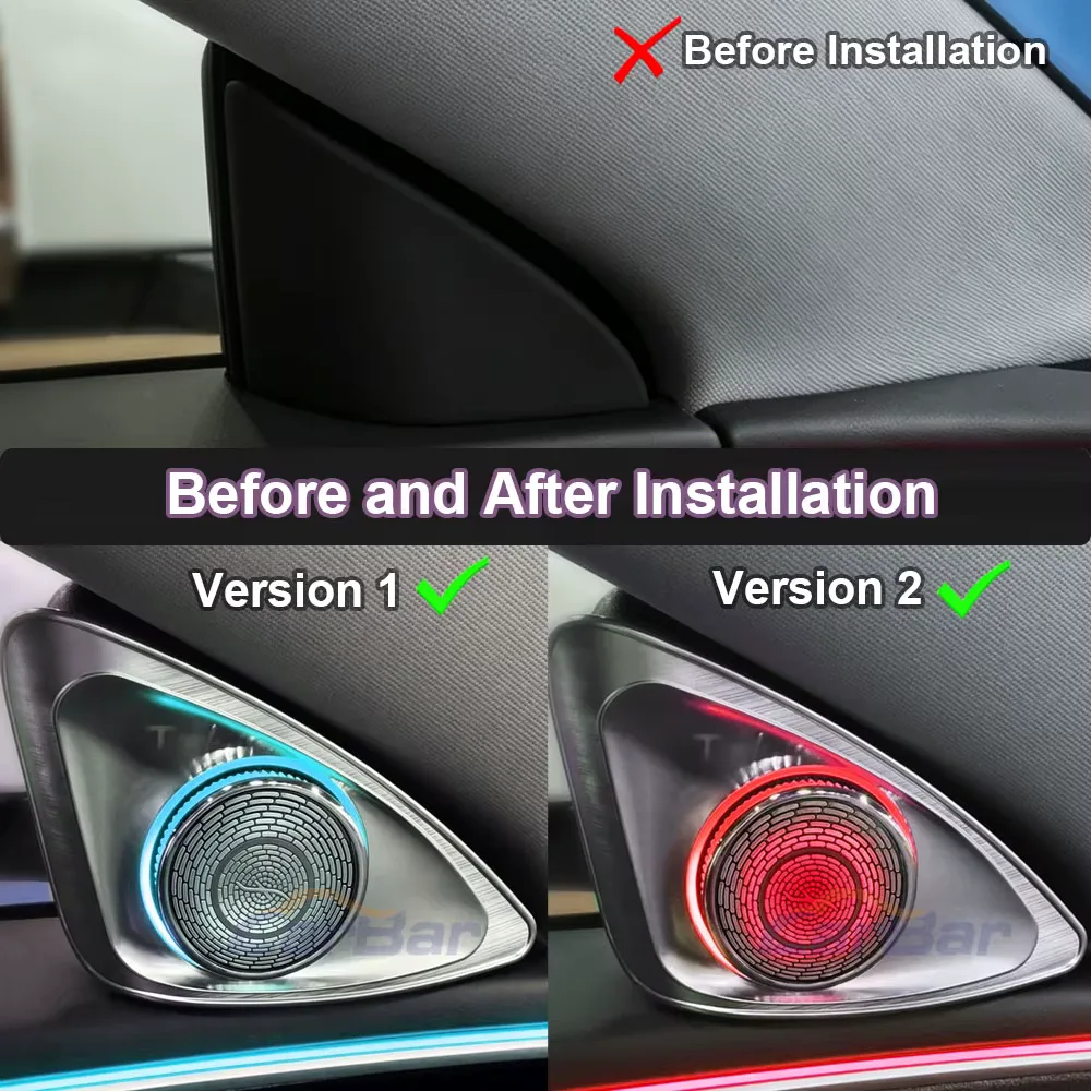 The standard A-pillar speaker grille above two photographs of the fitted part, one lit blue labeled Version 1 and one lit red labeled Version 2