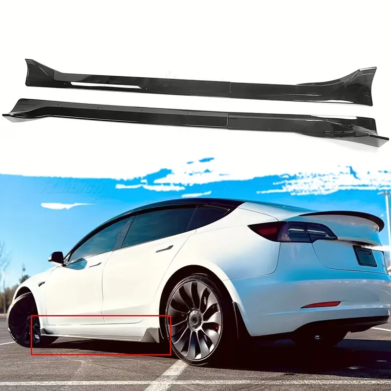 Two gloss black rocker extensions above a white Tesla Model 3 photographed from the rear three-quarter, with a red rectangle drawn over the rocker area