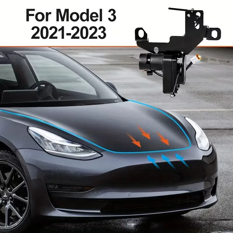 The front of a grey Tesla Model 3 with arrows over the hood, beside a photograph of the actuator motor on its steel mounting bracket with a wiring pigtail