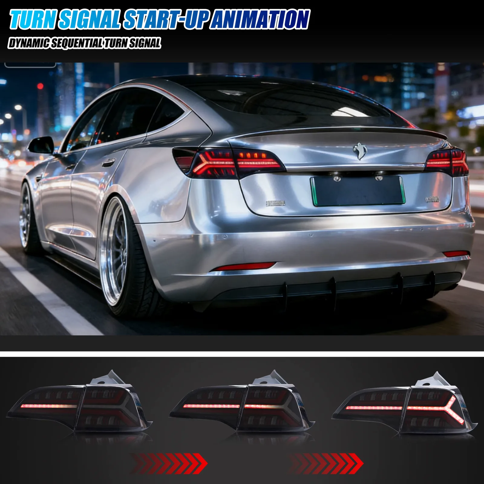 A silver Tesla Model 3 sedan photographed from behind at night with the tail lights lit, above three frames of the assembly showing the turn signal sweeping outward