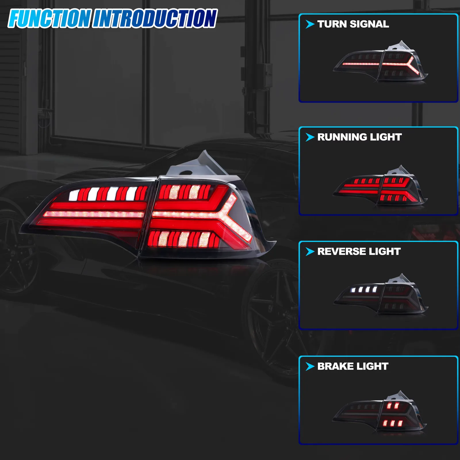 A chart of the assembly lit four ways, labeled turn signal, running light, reverse light and brake light