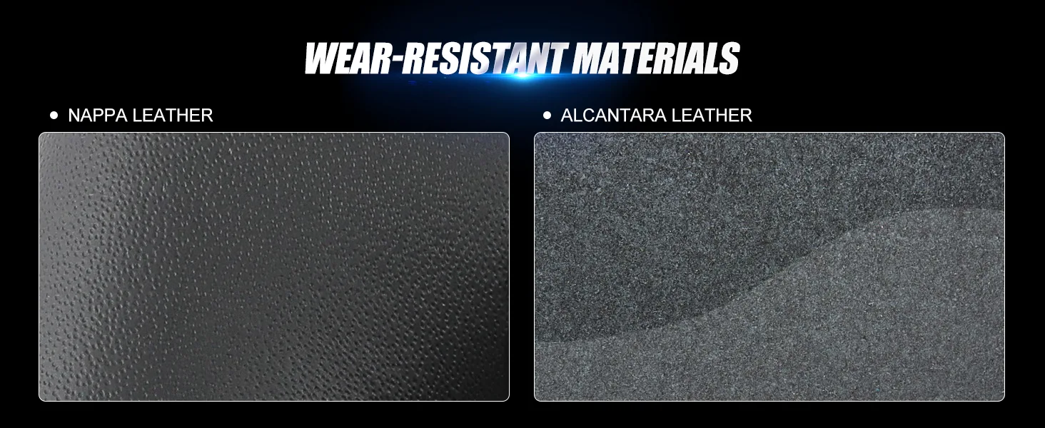 Two material close-ups side by side, one of a pebbled leather grain labeled Nappa Leather and one of a flat napped surface labeled Alcantara Leather
