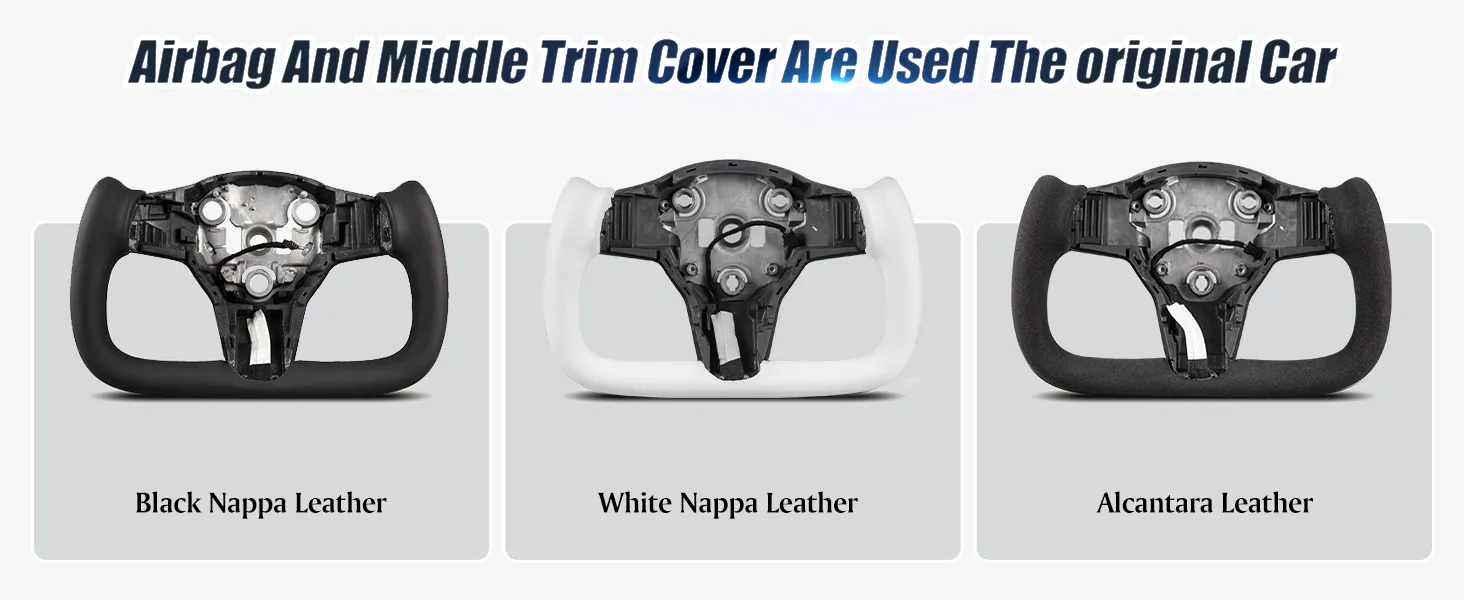 Three yokes side by side labeled Black Nappa Leather, White Nappa Leather and Alcantara Leather, each with a bare center hub
