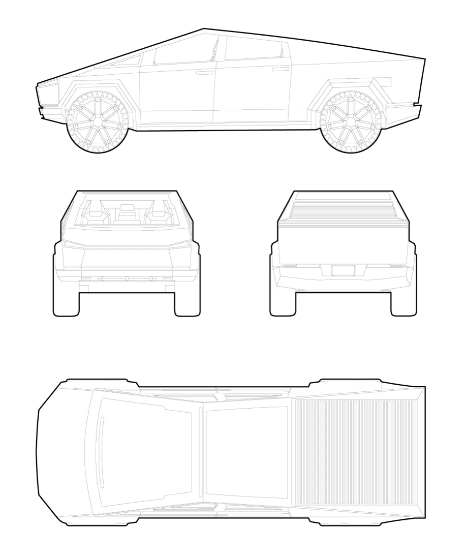 Tesla Cybertruck blueprint — side, front, rear and top views