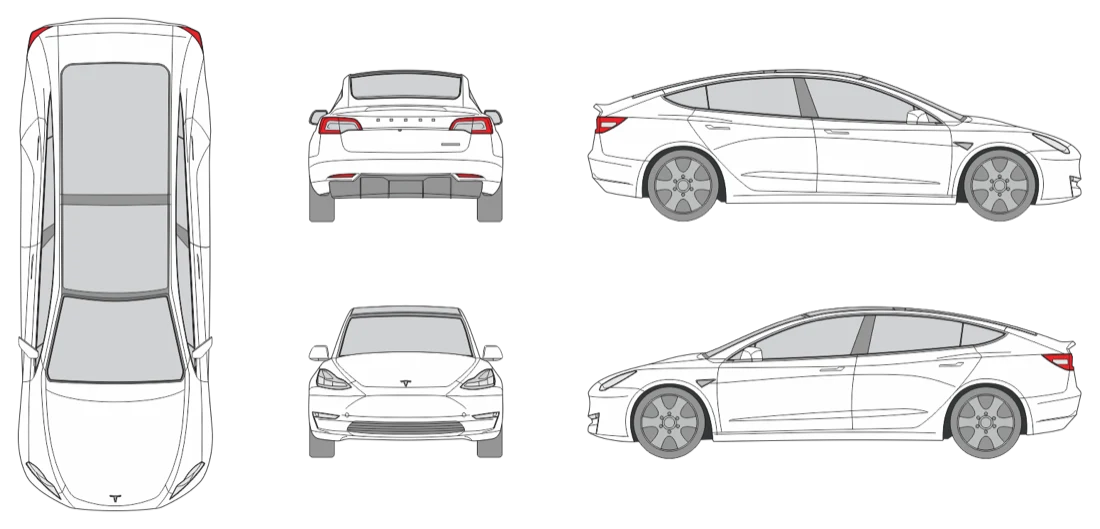 Tesla Model 3 blueprint — top, front, rear and both side profiles