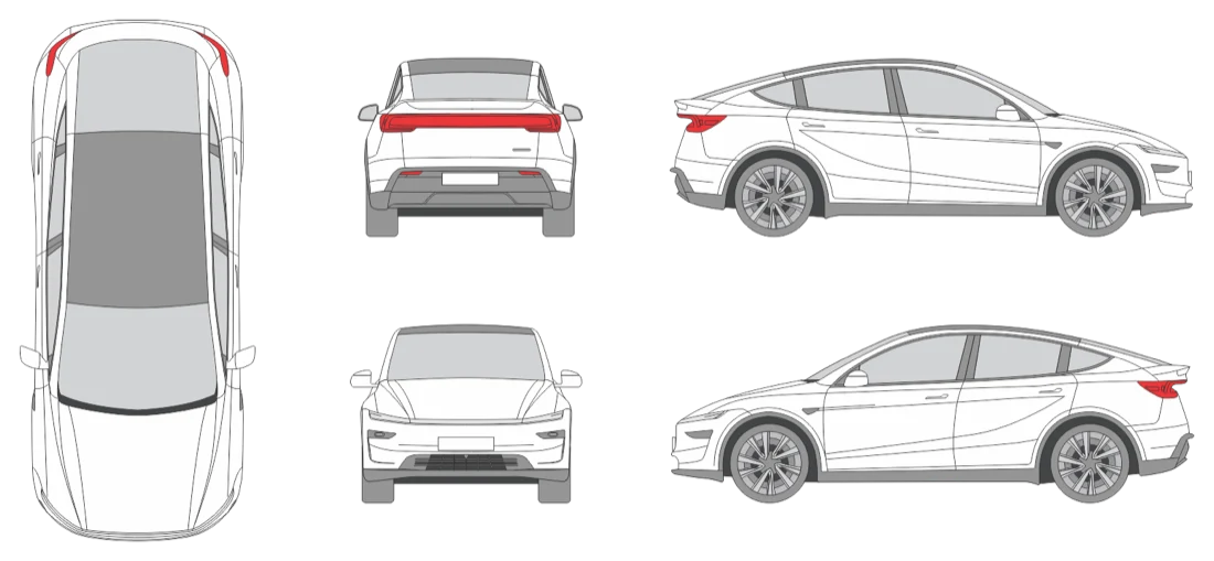 Tesla Model Y blueprint — top, front, rear and both side profiles