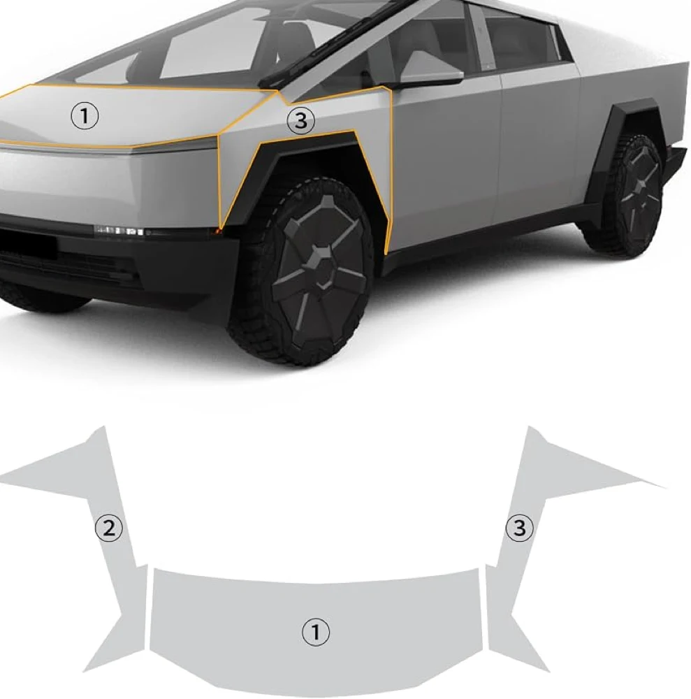 Cybertruck with the hood and front fenders outlined, and three numbered kit pieces laid out below