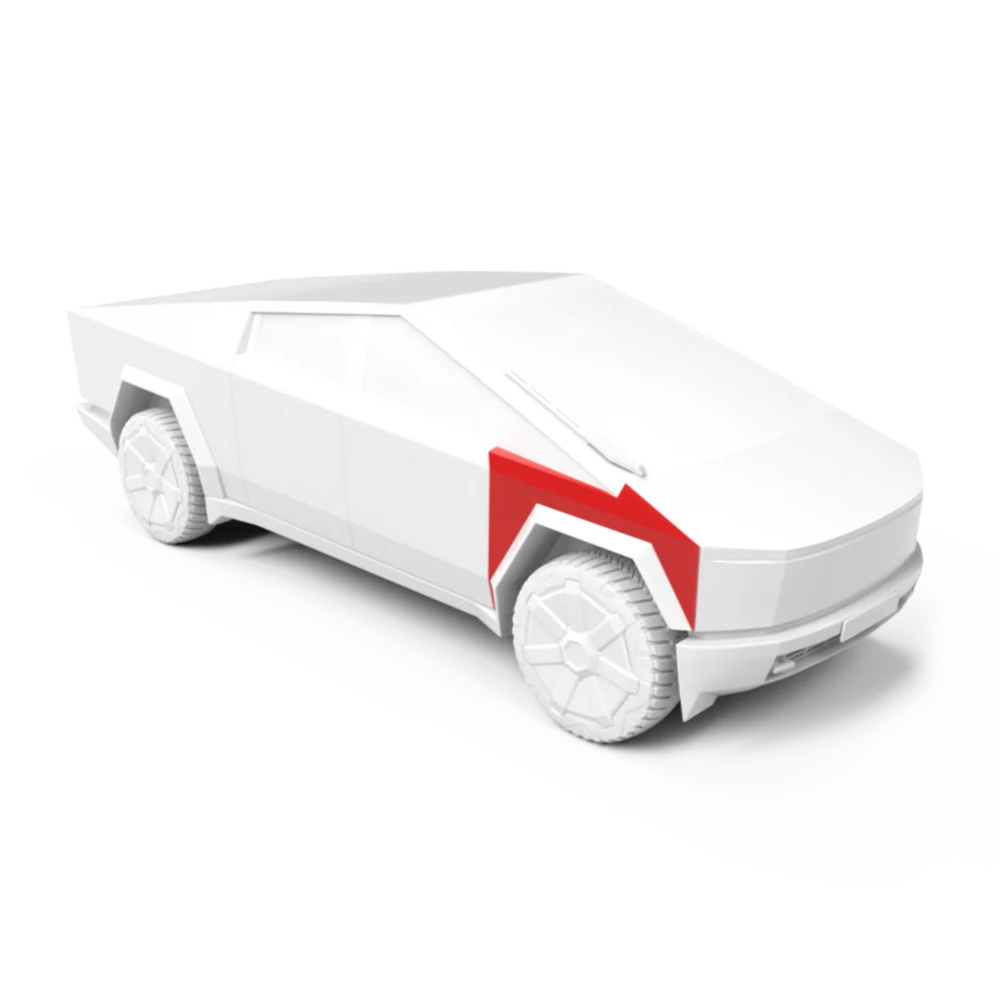 Cybertruck with the passenger rear quarter panel highlighted in red