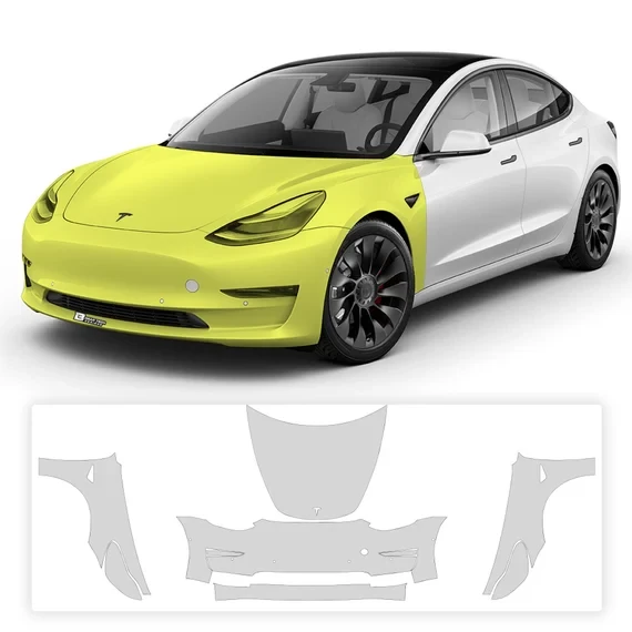 Model 3 with the front end highlighted, and the bumper, hood and fender kit pieces laid out below it