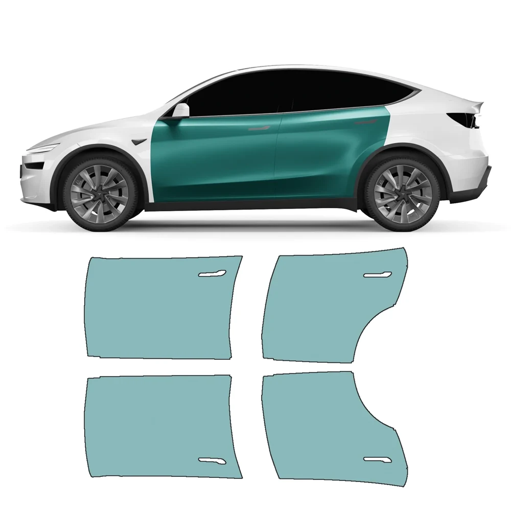 Model Y with both doors on one side highlighted, and the four door pieces from the template kit laid out below it