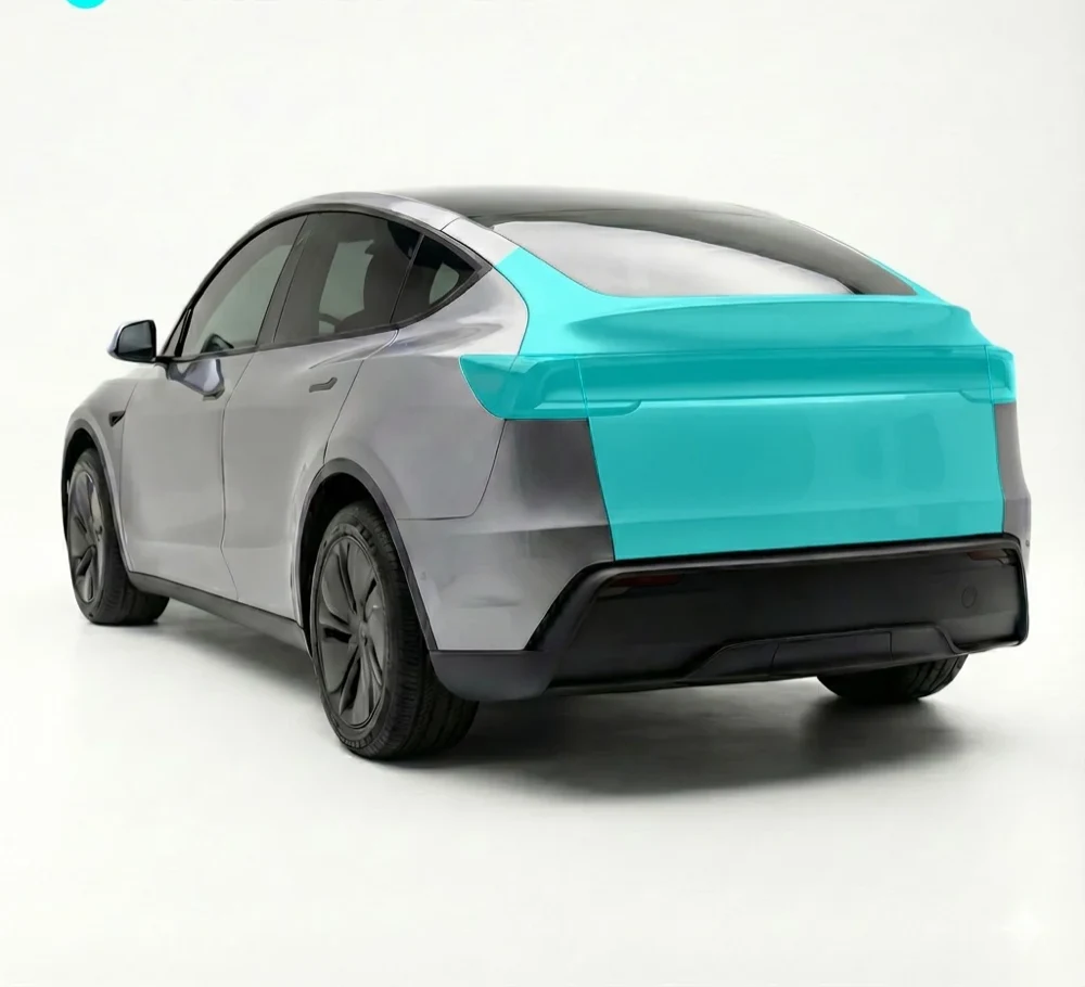 Illustration of a Model Y from the rear three-quarter with the tailgate area highlighted