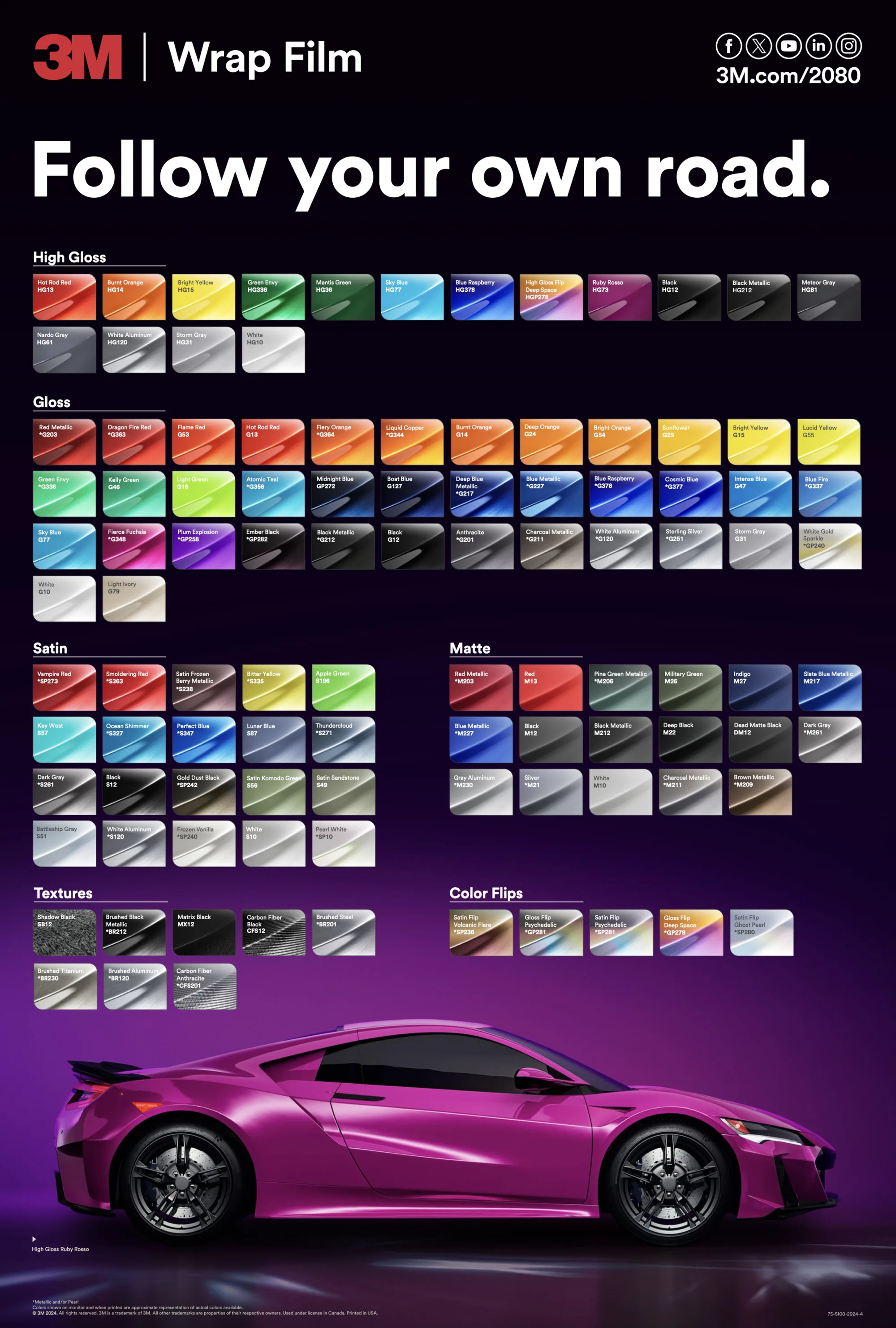 3M Wrap Film Series 2080 swatch poster showing every color in the range, grouped by finish, each labelled with its product code