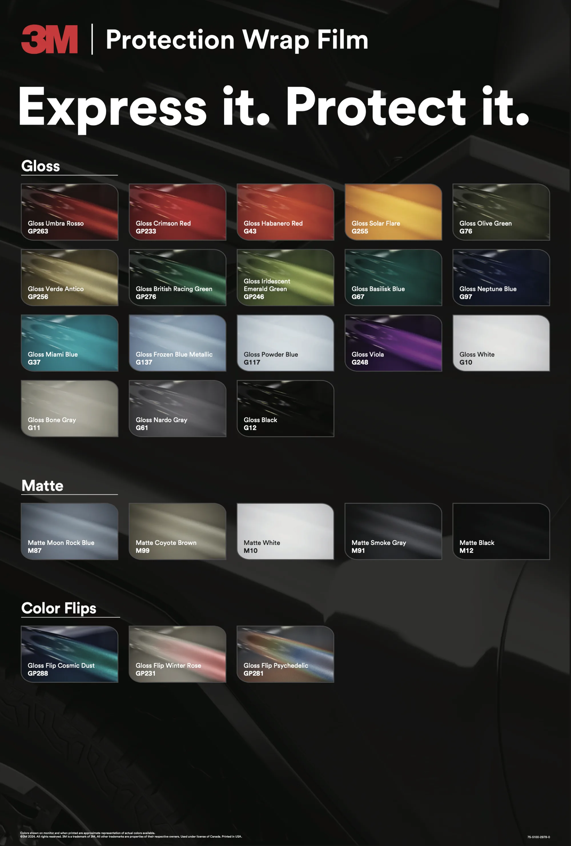 3M Protection Wrap Film swatch poster showing the available colors, each labelled with its product code